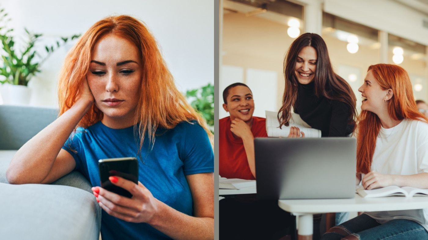 On the left, a student uses a language app on their phone; and on the right, two students engage in a classroom setting with an instructor, learning English together.