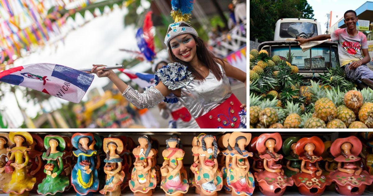 Collage of Dominican culture: a woman in a colorful carnival costume, a young man riding a truck loaded with pineapples, and a small wooden sculptures.