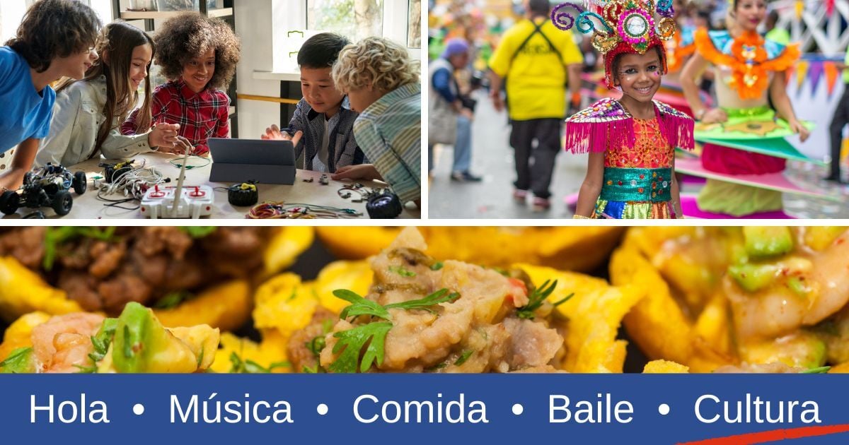 Collage featuring children gathered around a laptop, a girl in a colorful carnival costume, and a Dominican dish with plantains.