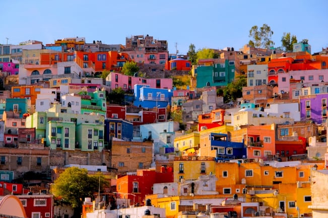 Colorful hillside homes in Guanajuato, a historic mountain city in central Mexico.