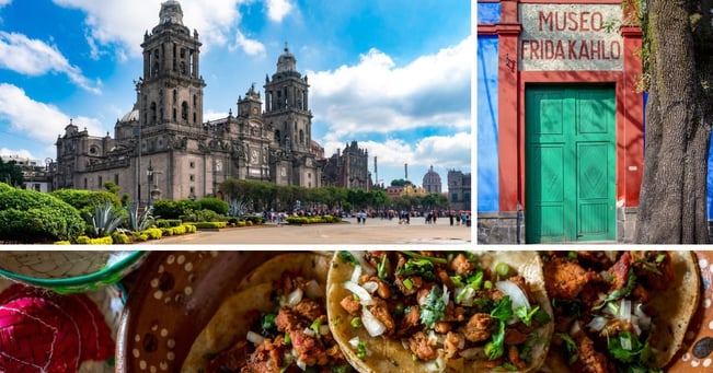 Collage of Mexico City landmarks including the Palacio de Bellas Artes, Frida Kahlo’s Blue House, and street tacos
