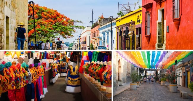 Collage of Oaxaca street scenes with colorful buildings, traditional dress, and papel picado decorations