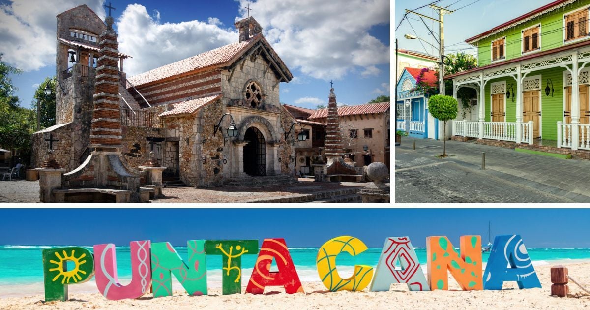 Collage of three Dominican Republic destinations: a Mediterranean-style building in La Romana, a scene in Puerto Plata, and a beach view of Punta Cana.
