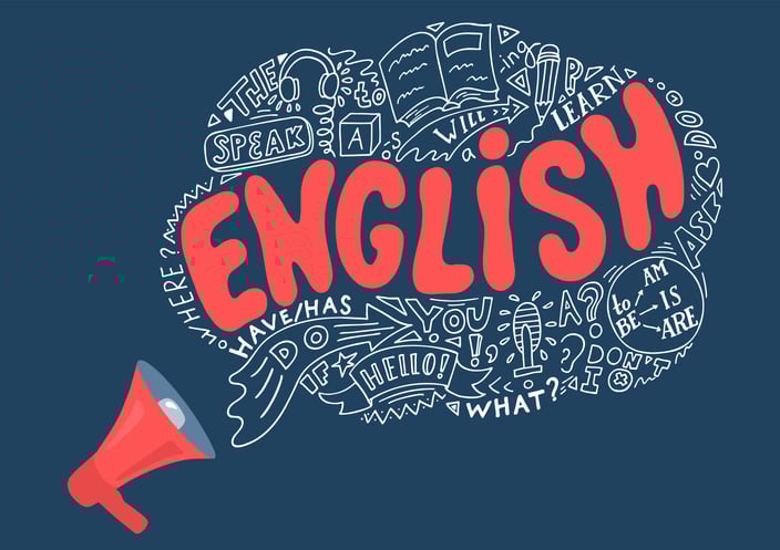 Illustration with a navy background featuring the word 'English' in large, bold red letters, with smaller words coming out of a red PA system.