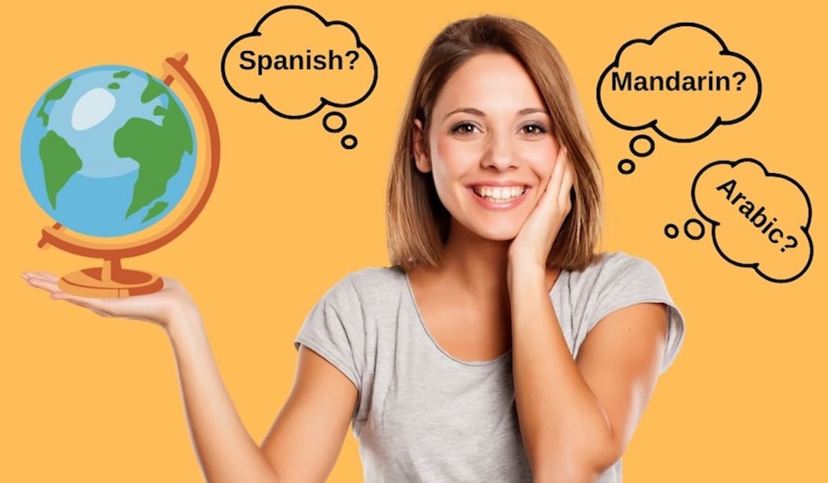 : Woman holding a globe with speech bubbles labeled Spanish, Mandarin, and Arabic representing language choices